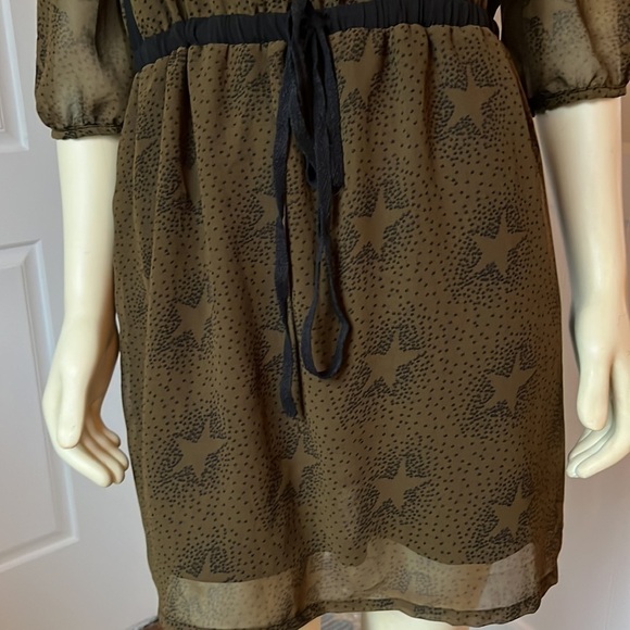 MISMASH Olive Green & Black Star Print Bohemian Drawstring Waist Dress M - Picture 10 of 12